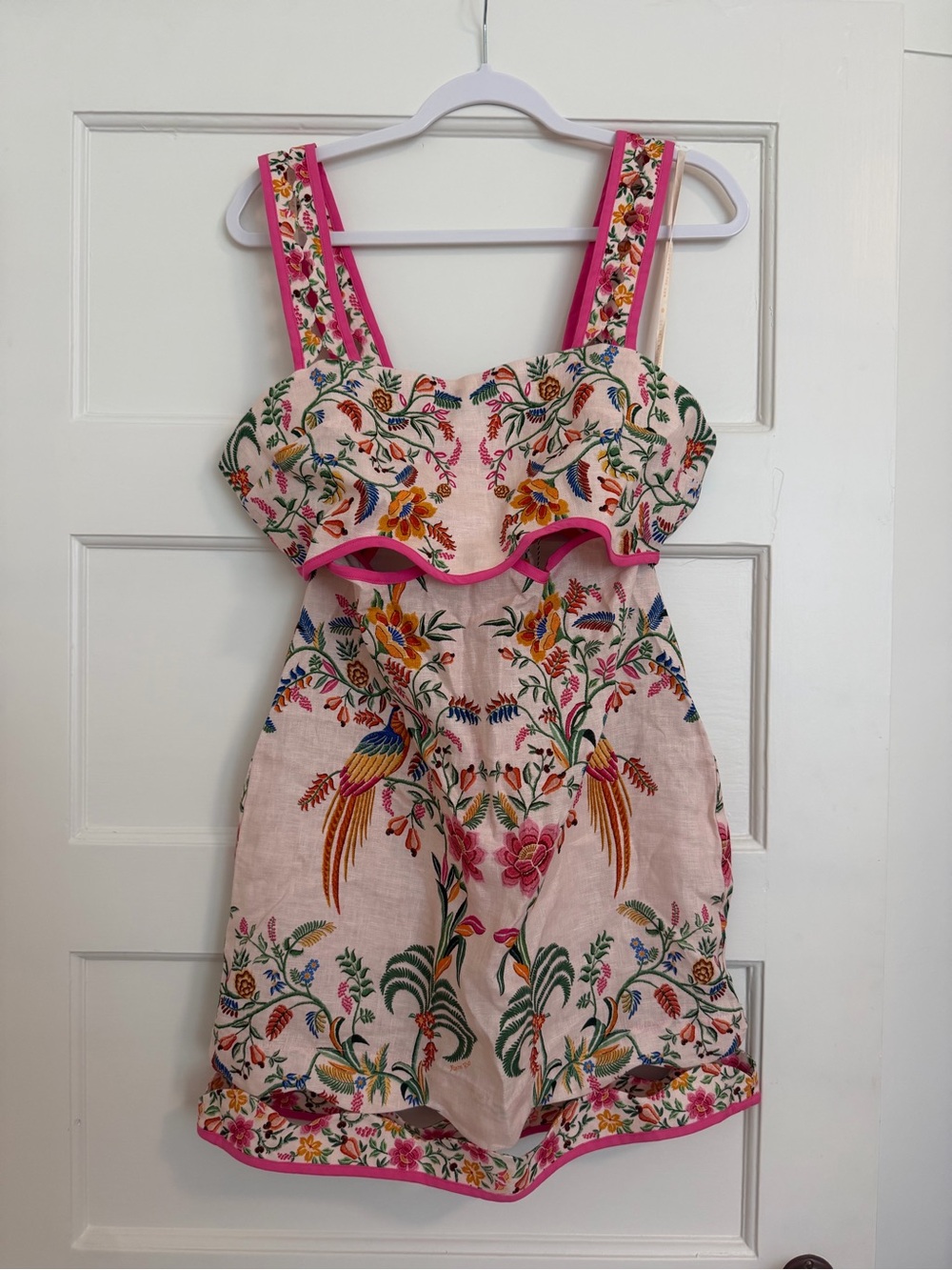 FARM RIO Pink Floral Embroidered Bird Sundress with Hot Pink Trim